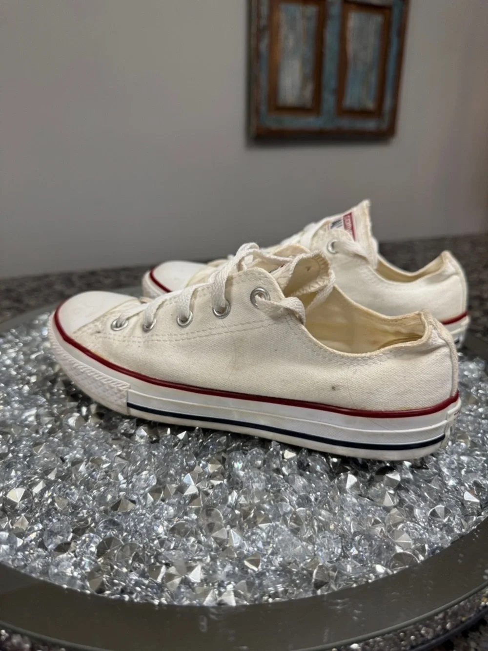 Converse Low Top Canvas Sneakers - White with Red Stripe womens 5 Youth 3